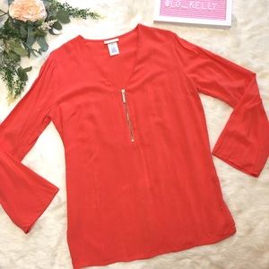 MICHAEL Michael Kors Blouse Tunic Orange Small Zipper Front V-Neck Top